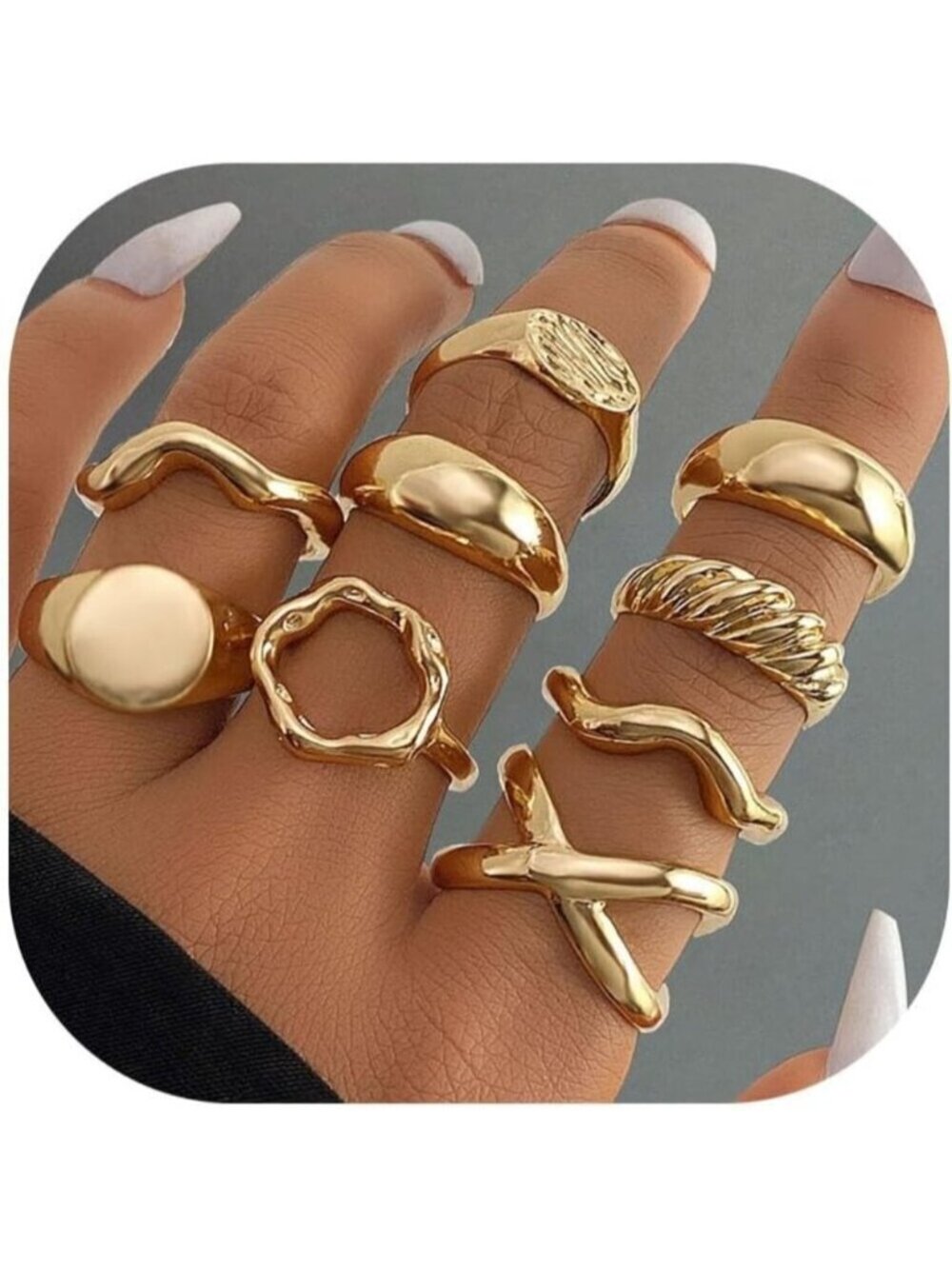 Women Gold Ring Set Chunky Adjustable Knuckle Finger Stackable Statement Jewelry